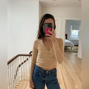 Zara Peach V-Neck Mesh Long Sleeve Top